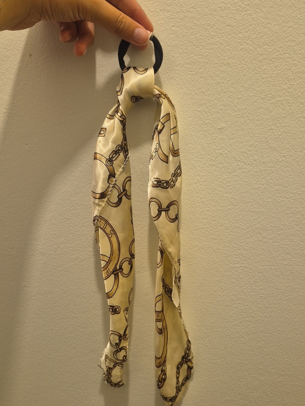 Silk Chain-Print Hair Scarf Scrunchie - Cream
